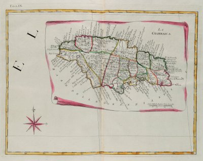 Jamaica, gravure door G. Zuliani uit Tome I van de "Nieuwste Atlas" gepubliceerd in Venetië in 1778 door Antonio Zatta, Privécollectie door G. Zuliani