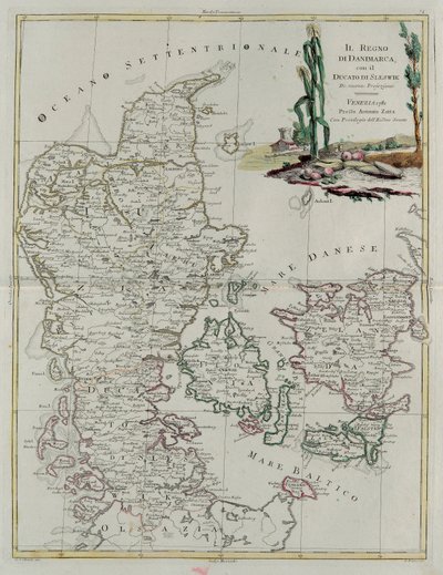 Koninkrijk Denemarken met het Hertogdom Slesvik, gravure door G. Zuliani uit Tome III van de "Nieuwste Atlas" gepubliceerd in Venetië in 1781 door Antonio Zatta, Privécollectie door G. Zuliani