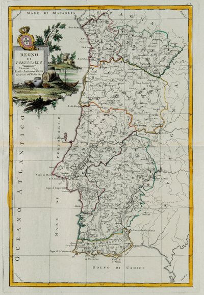 Koninkrijk Portugal, gravure door G. Zuliani uit Tome I van de Nieuwste Atlas gepubliceerd in Venetië in 1776 door Antonio Zatta, Privécollectie door G. Zuliani