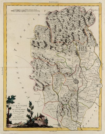 Landgebied van de Staat Veneto: gebied van Vicenza verdeeld in zijn bisdommen en magistraten, gravure door G. Zuliani uit Tome II van de "Nieuwste Atlas" gepubliceerd in Venetië in 1782 door Antonio Zatta, Privécollectie door G. Zuliani