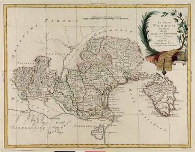 Landgebied van de staat Veneto, verdeeld in zijn provincies, gravure door G. Zuliani uit Tome II van de "Nieuwste Atlas" gepubliceerd in Venetië in 1782 door Antonio Zatta, privécollectie door G. Zuliani