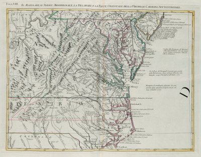 Maryland, zuidelijk New Jersey, Delaware en het oostelijke deel van Virginia en North Carolina, gravure door G. Zuliani uit Tome I van de "Nieuwste Atlas" gepubliceerd in Venetië in 1778 door Antonio Zatta, Privécollectie door G. Zuliani