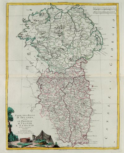 Deel van het Koninkrijk Ierland, dat wil zeggen, de provincies Ulster en Leinster, gravure door G. Zuliani uit Tome I van de "Nieuwste Atlas" gepubliceerd in Venetië in 1778 door Antonio Zatta, Privécollectie door G. Zuliani