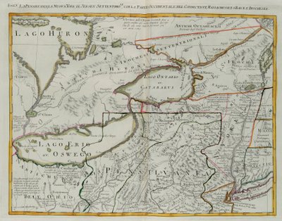 Pennsylvania, New York, zuidelijk New Jersey, met het westelijke deel van Connecticut, Massachusetts Bay en Land van de Iroquois, gravure door G. Zuliani uit Tome I van de 