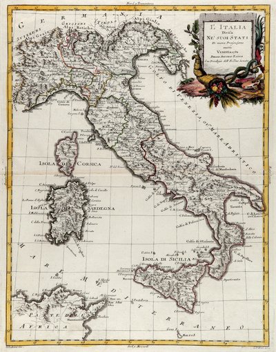 Politieke kaart van Italië, gravure door G. Zuliani uit Tome II van de "Nieuwste Atlas" gepubliceerd in Venetië in 1782 door Antonio Zatta, Privécollectie door G. Zuliani