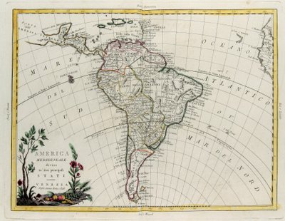 Zuid-Amerika verdeeld in zijn belangrijkste Staten, gravure door G. Zuliani uit Tome IV van de "Nieuwste Atlas" gepubliceerd in Venetië door Antonio Zatta, Privécollectie door G. Zuliani
