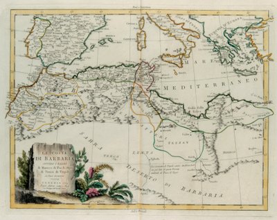 De Barbarijse Kust of de Koninkrijken Marokko, Fez, Algerije, Tunesië en Tripoli met omliggende landen, gravure door G. Zuliani uit Tome IV van de "Nieuwste Atlas" gepubliceerd in Venetië in 1784 door Antonio Zatta, Privécollectie door G. Zuliani