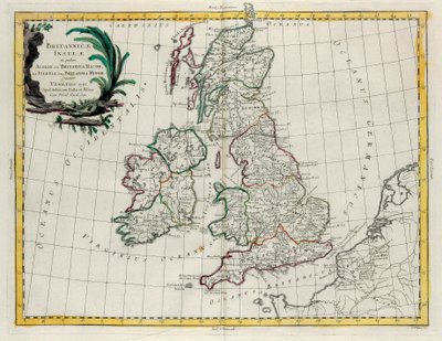 De Britse Eilanden waarin Albion of Groot-Brittannië en Ivernia of Klein-Brittannië, gravure door G. Zuliani uit Tome I van de Nieuwste Atlas gepubliceerd in Venetië in 1785 door Antonio Zatta door G. Zuliani