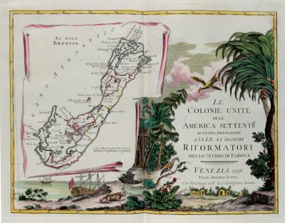 De eilanden Bermuda en het frontispice van de sectie gewijd aan de Verenigde Kolonies van Noord-Amerika, gravure door G. Zuliani uit Tome I van de "Nieuwste Atlas" gepubliceerd in Venetië in 1778 door Antonio Zatta, Privécollectie door G. Zuliani