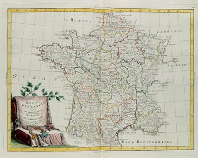 Het koninkrijk Frankrijk verdeeld in zijn gouvernances, gravure door G. Zuliani uit Tome I van de Nieuwste Atlas gepubliceerd in Venetië in 1776 door Antonio Zatta, Privécollectie door G. Zuliani