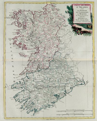 Het Koninkrijk Ierland dat de provincies Munster en Connaught omvat, gravure door G. Zuliani uit Volume I van de "Atlas Novissimo" gepubliceerd in Venetië in 1778 door Antonio Zatta, privécollectie door G. Zuliani
