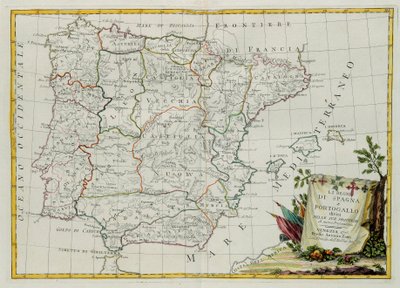 De koninkrijken Spanje en Portugal verdeeld in hun provincies, gravure door G. Zuliani uit Tome I van de Nieuwste Atlas gepubliceerd in Venetië in 1775 door Antonio Zatta, Privécollectie door G. Zuliani