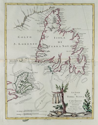 De eilanden Newfoundland en Cape Breton, gravure door G. Zuliani uit Tome I van de "Nieuwste Atlas" gepubliceerd in Venetië in 1778 door Antonio Zatta, Privécollectie door G. Zuliani