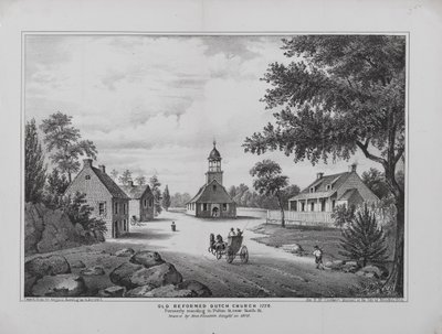 Oude Gereformeerde Nederlandse Kerk in 1776, getekend door Miss Elizabeth Sleight in 1808, gedrukt voor H. McCloskeys Manuel van de stad Brooklyn, 1864 door G. after Hayward