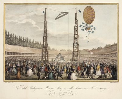 Vlucht van de Bolognese Muzio Muzzi (1809-46) in het Luchtschip Retirremiga, 1838 door G. after Meloni