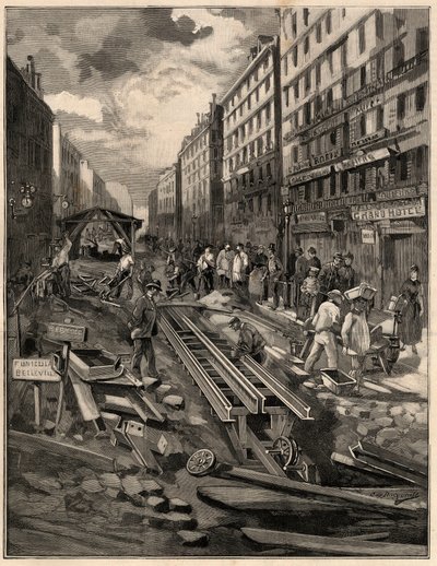 De Belleville kabelbaan, gelegd het spoor, rue de Belleville in 1894. Gravure naar de tekening van M.G. de Burgrraff. In 