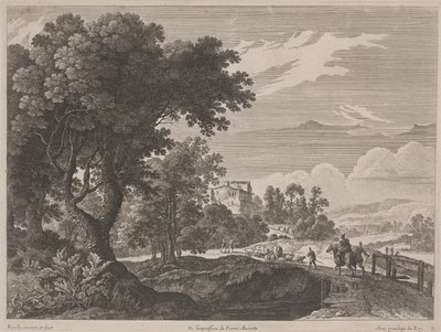 Landschap met reizigers die een brug oversteken door Gabriel (after) Perelle