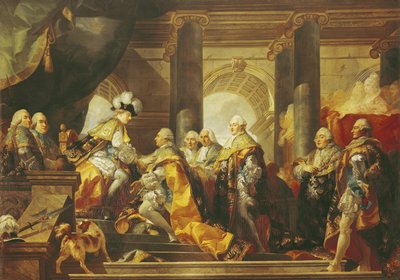 Lodewijk XVI (1754-93) koning van Frankrijk, ontvangt de hulde van de ridders van de Orde van St. Esprit in Reims, 13 juni 1775 door Gabriel Francois Doyen