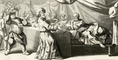 Jezus uitgenodigd voor het diner bij de Farizeeër, illustratie uit het Evangelie van Sint Lucas, hoofdstuk 11:37, 1728 door Gabriel Francois Louis Debrie