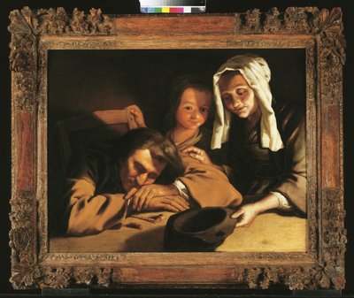 Een interieur bij kaarslicht met figuren rond een tafel door Gabriel Gresly