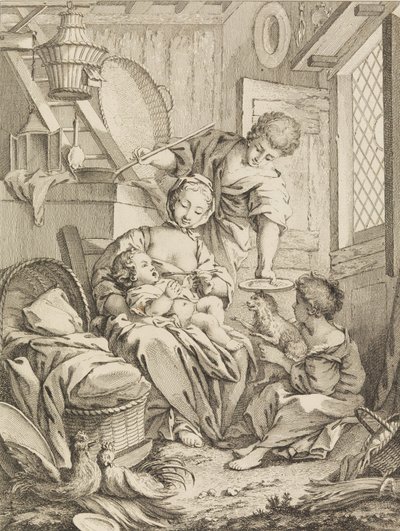 Plaat 1: Jonge Vrouw die haar Baby Voedt, uit Premier Livre de Sujets et Pastorales Fi..., 1720-72 door Gabriel Huquier