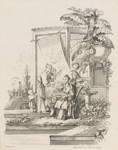 Zittende Vrouw met Kinderen en Dienaren, ca. 1738-1745 door Gabriel Huquier