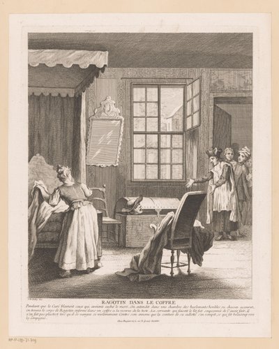 Slaapkamerinterieur met Ragotin in een kist door Gabriel Huquier