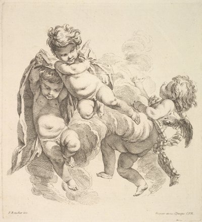 Drie kinderen tussen wolken met een draperie, 1738-45 door Gabriel Huquier