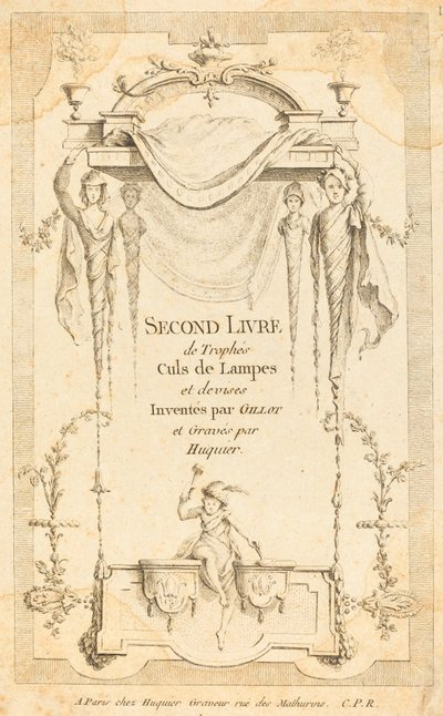 Tweede Boek van Trofeeën Culs de Lampes en Deviezen: Titelpagina door Gabriel Huquier after Claude Gillot