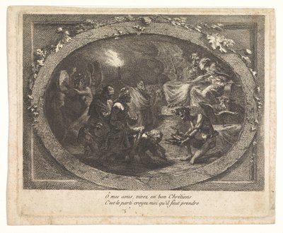 Voltaire aangekomen in de hel door Gabriel Jacques de Saint Aubin (school of)