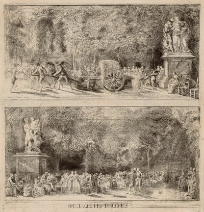 Scènes uit de Tuilerieën: De stoelen en de waterkar door Gabriel Jacques de Saint Aubin