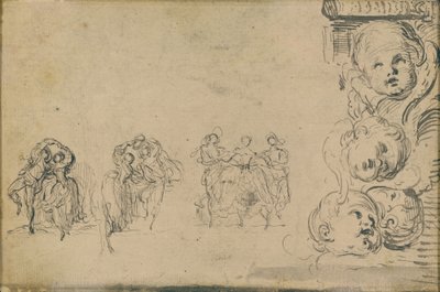 Schetsen van dansers en hoofden van putti door Gabriel Jacques de Saint Aubin