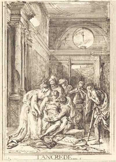 De dood van Tancred [links] door Gabriel Jacques de Saint Aubin