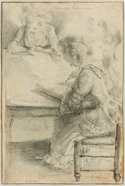 Drie jonge vrouwen tekenen aan een tafel door Gabriel Jacques de Saint Aubin