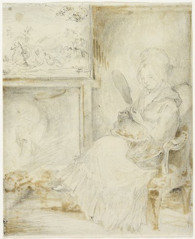 Vrouw zittend met een kat op haar knieën door Gabriel Jacques de Saint Aubin