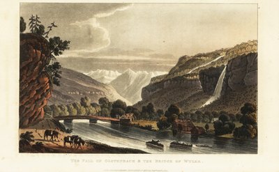 Uitzicht op de gletsjers; alpen; waterval en brug over de Gadmerwasser bij Wiler; Berner Oberland Alpen, Zwitserland door Gabriel Ludwig (after) Lory