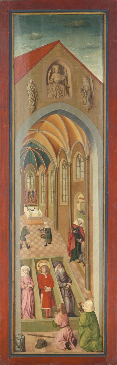 Paneel van het St. Veits-altaar uit de kloosterkerk Tegernsee, de heiligen Veit, Modestus en Kreszentia in hun sarcofagen, vereerd door een pelgrimspaar door Gabriel Maeleßkircher