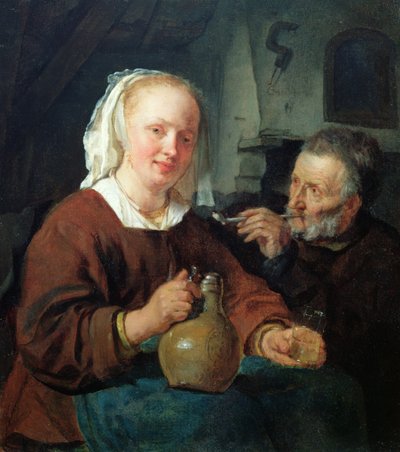 Een man en een vrouw bij wijn door Gabriel Metsu