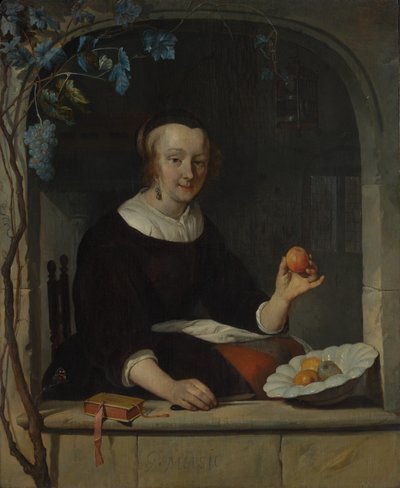 Een vrouw zittend bij een raam, begin 1660s door Gabriel Metsu