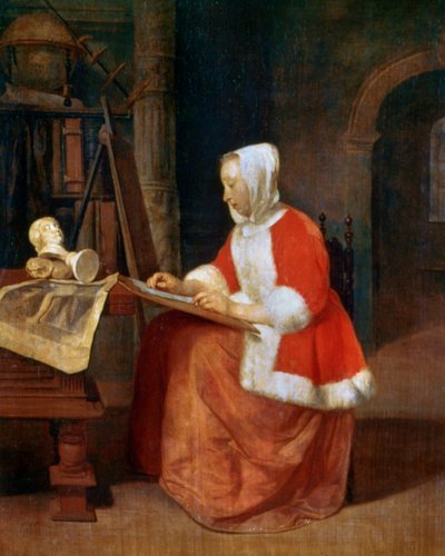 Een Zittende Vrouw die Tekent, ca. 1649-1667 door Gabriel Metsu