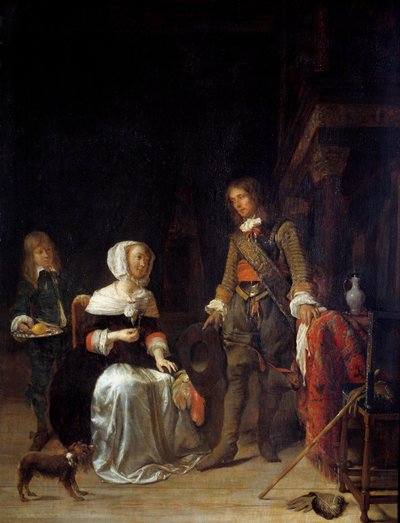 Een soldaat bezoekt een jong meisje door Gabriel Metsu