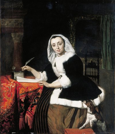 Een elegante dame schrijft aan haar bureau, met een hond naast haar door Gabriel Metsu