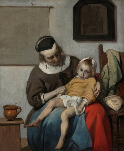 Het zieke kind. Circa 1664-66 door Gabriel Metsu