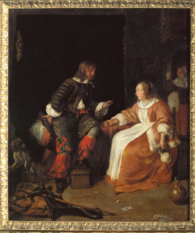 Dame en officier (olieverf op doek) door Gabriel Metsu