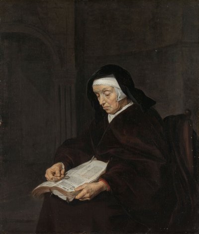Oude vrouw mediteert, c.1661-63 door Gabriel Metsu