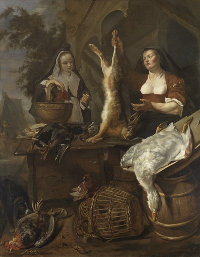 Vrouw verkoopt wild vanuit een kraampje door Gabriel Metsu
