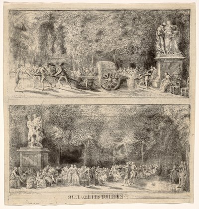 Scènes uit de Tuilerieën: de stoelen en de waterkar, 1760, geretoucheerd 1763 door Gabriel de Saint Aubin