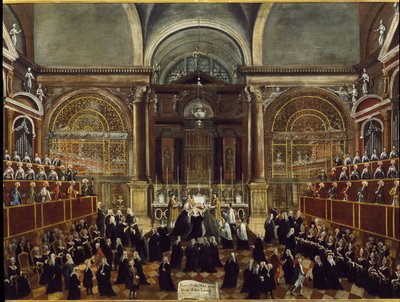 Ceremonie van het aannemen van een nonnenkleed in de kerk van San Lorenzo in Venetië (detail) door Gabriele Bella