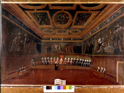 Raad van Tien in het Dogepaleis in de 18e eeuw - Sala Del Consilgio di Dieci 1725 - De Kamer van de Raad van Tien, Dogepaleis, Venetië (18e eeuw) door Gabriele Bella (1730 - 1799) - De Doge en de Raad van Tien. Correr Museum. Venetië door Gabriele Bella