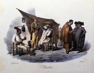 Kleine beroepen in de stad Napels: een wandelende kapper en een gesprek op straat. Lithografie van G. Dura door Gaetano Dura